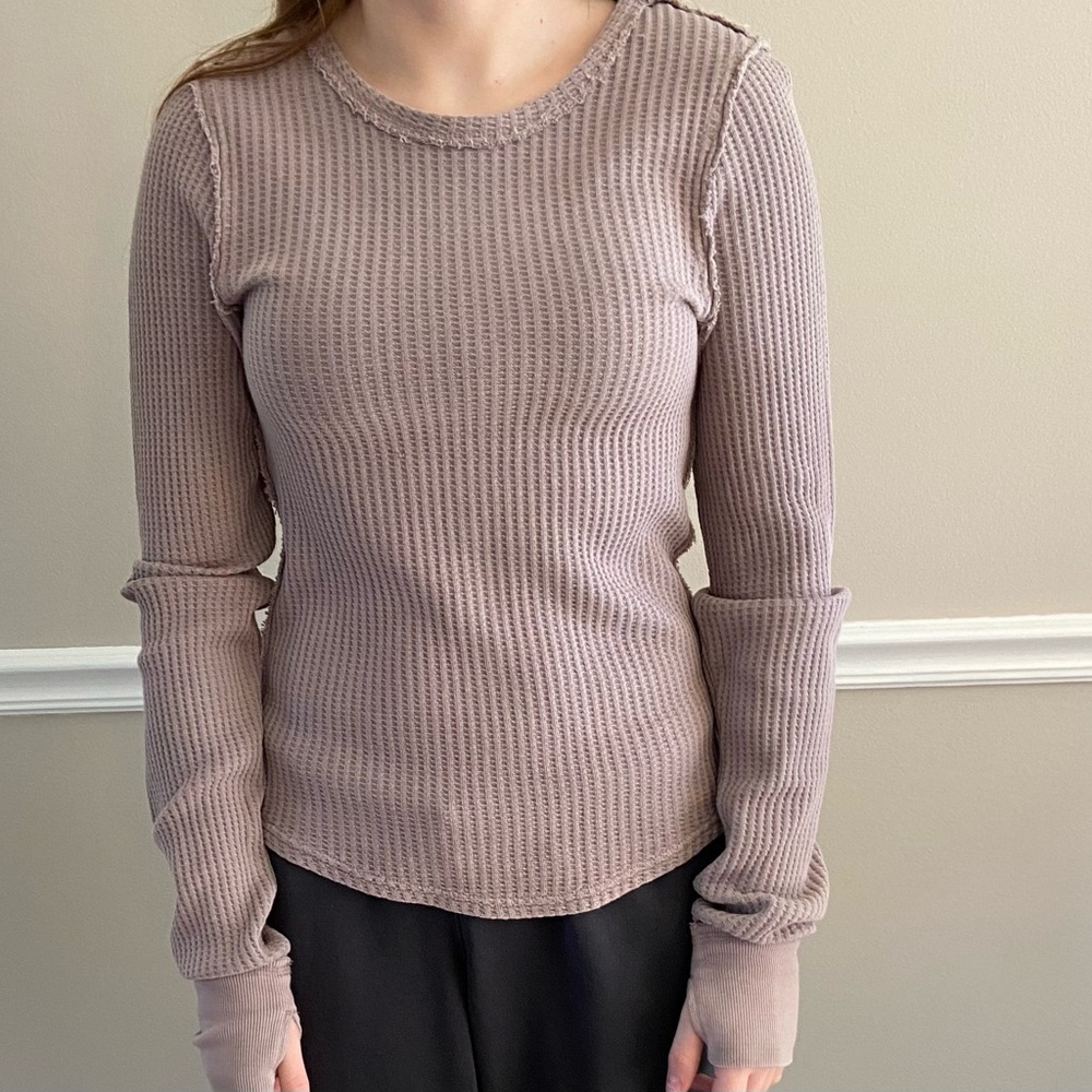 We The Free Y2K Waffle Knit Top Womens M Long Sleeve Fitted ComfyRaw Seam Boho